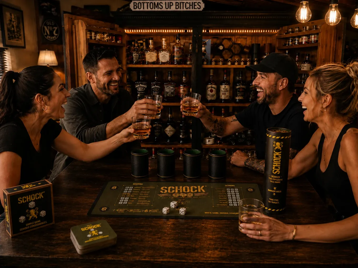 Four friends raising glasses around a SCHOCK game