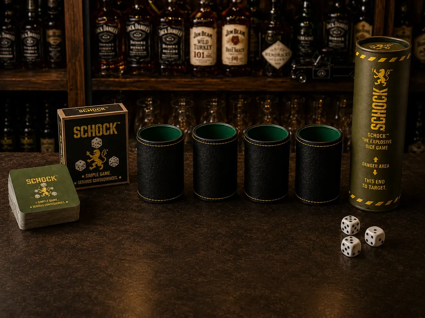 SCHOCK Field Edition with branded tube, four cups, dice and boxed Deckel