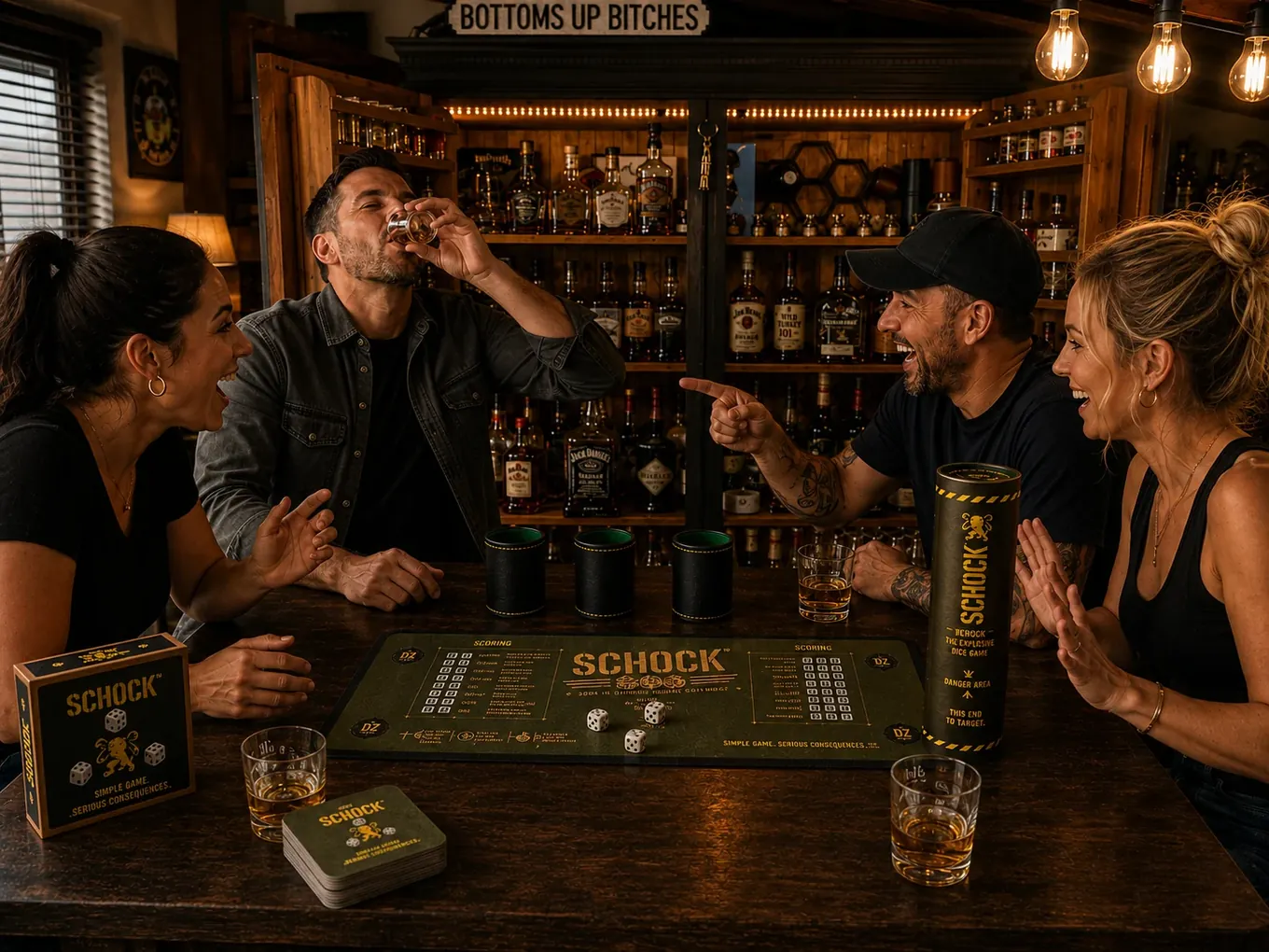 A SCHOCK player taking a whisky forfeit while friends react