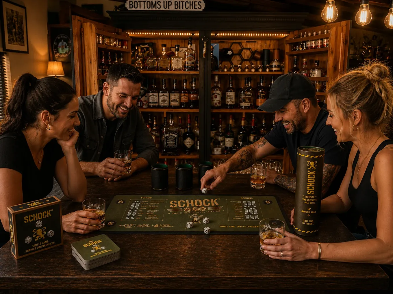 Two men and two women playing SCHOCK around a bar table