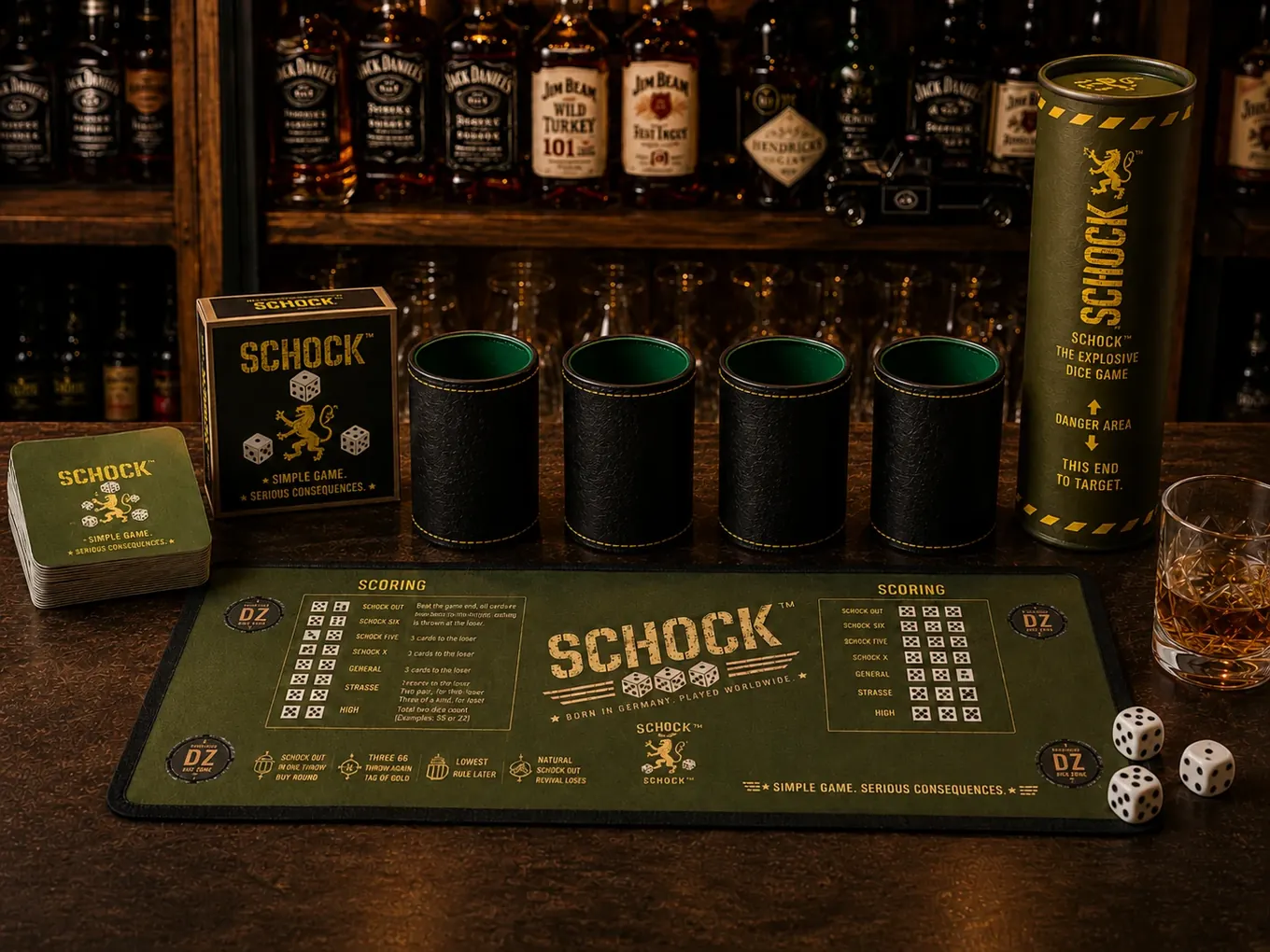 Complete SCHOCK Harbour Edition with four cups, Deckel, dice, branded tube and official playing mat arranged on a bar table