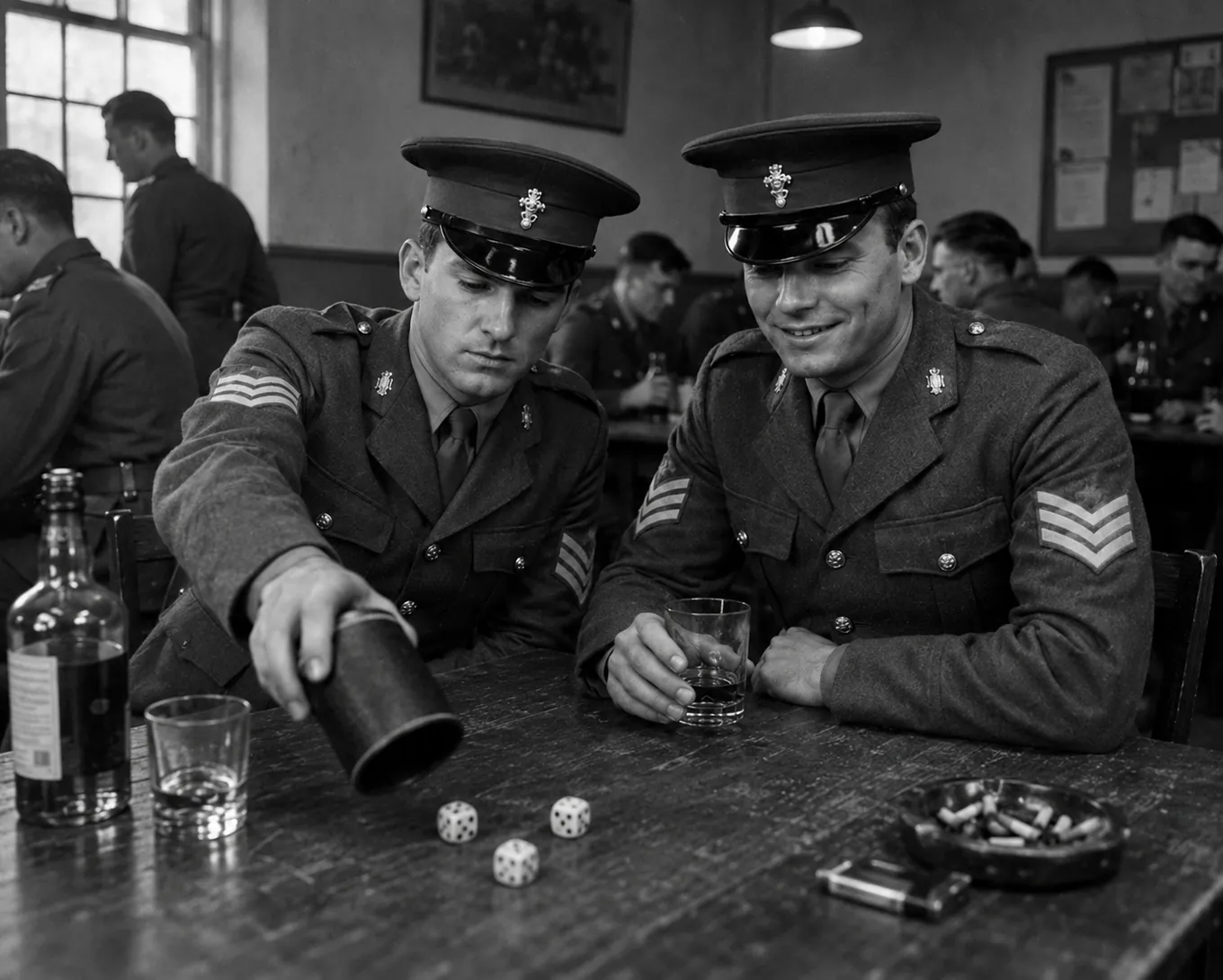 Two Army mates playing dice in a military mess