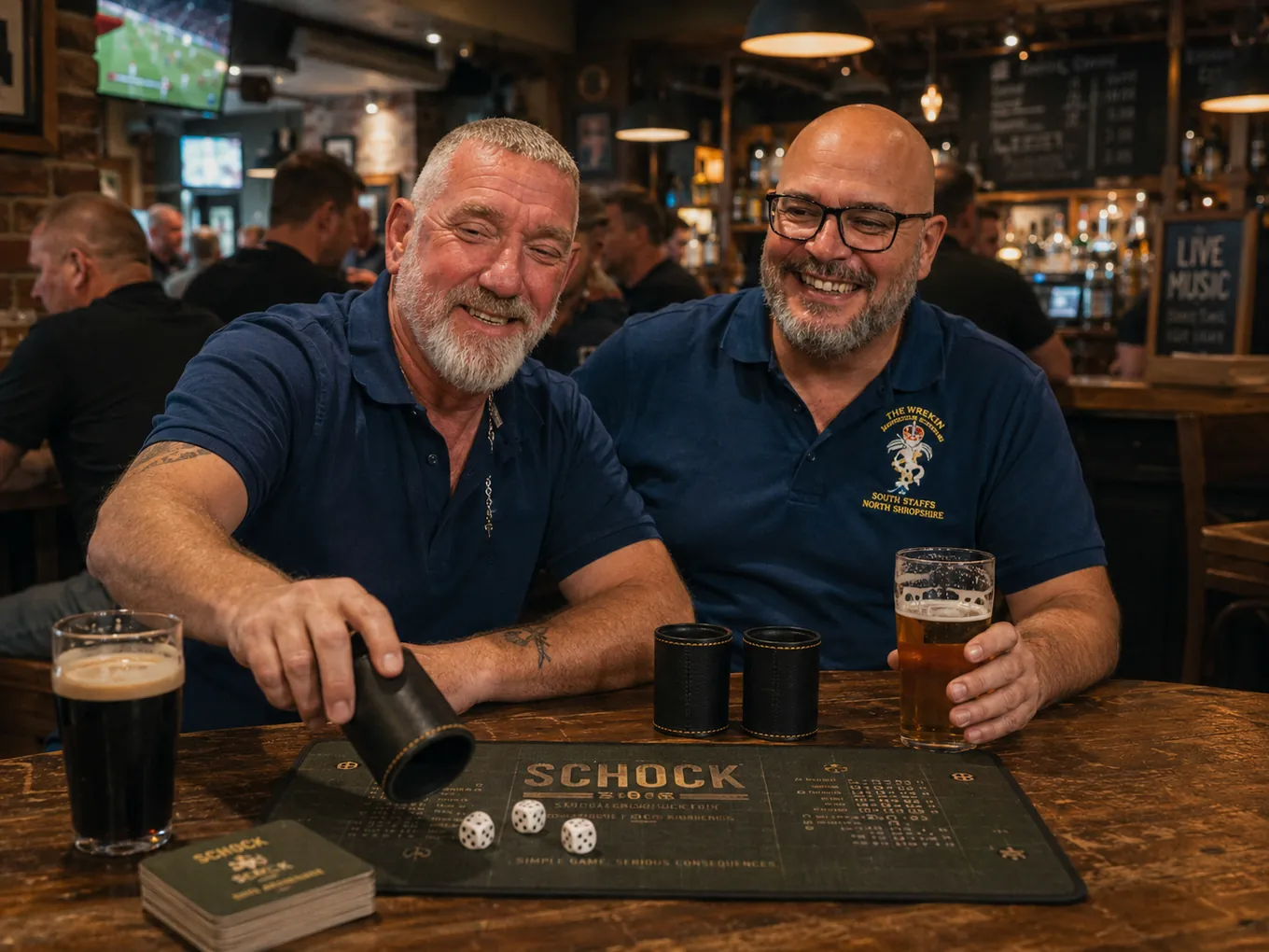 Two long-time friends playing a dice game in a modern pub