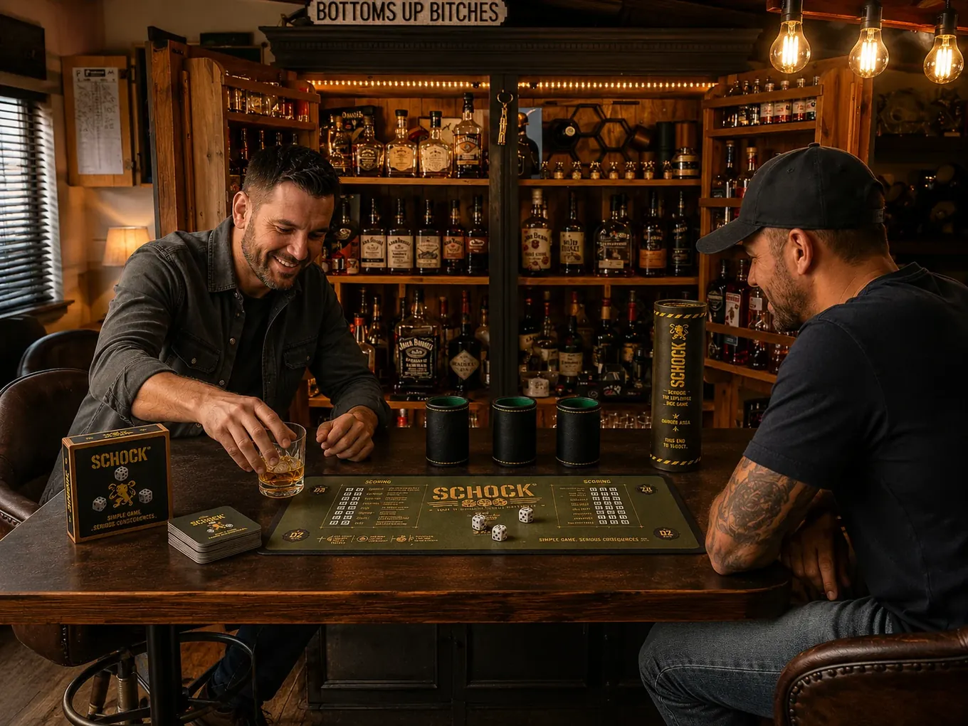 Two men playing SCHOCK around a home bar table