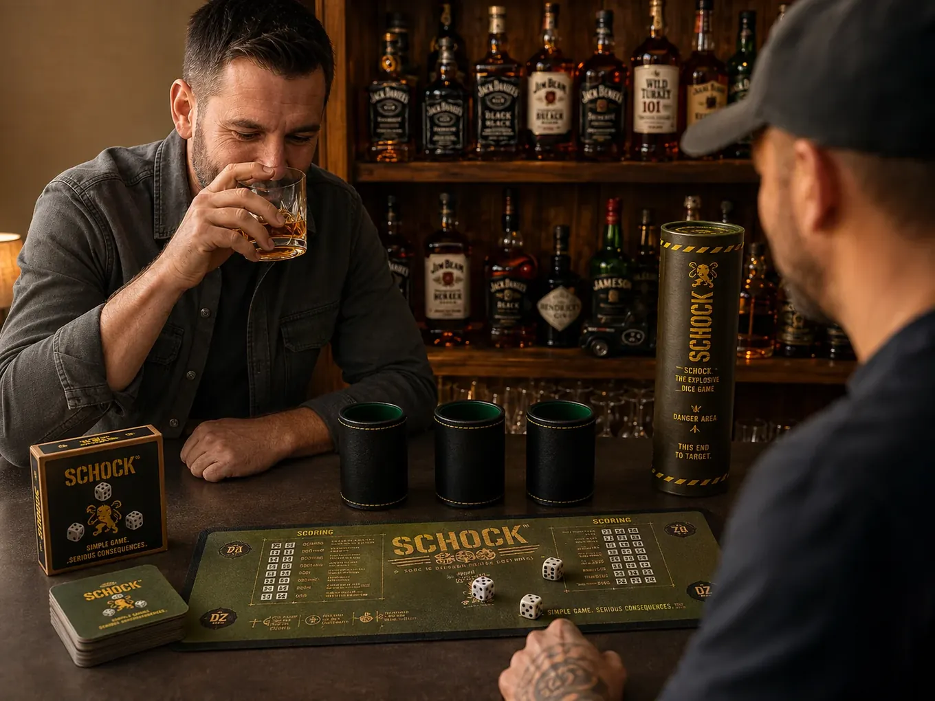Two players around a SCHOCK game table with one taking a whisky drink